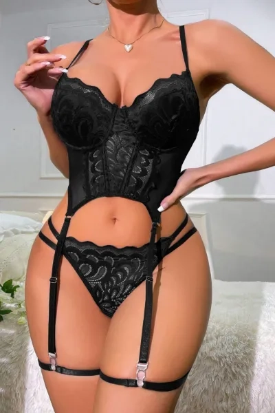 Siyah Dantelli Bodysuit Kadın Fantezi Takımı 452169