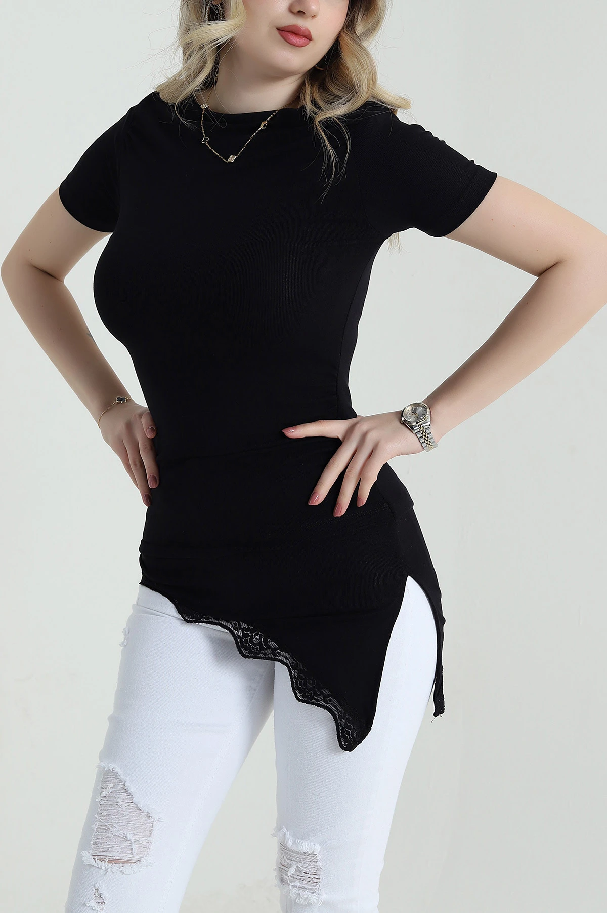 Siyah Dantelli Buzi Kadın Bluz 458111