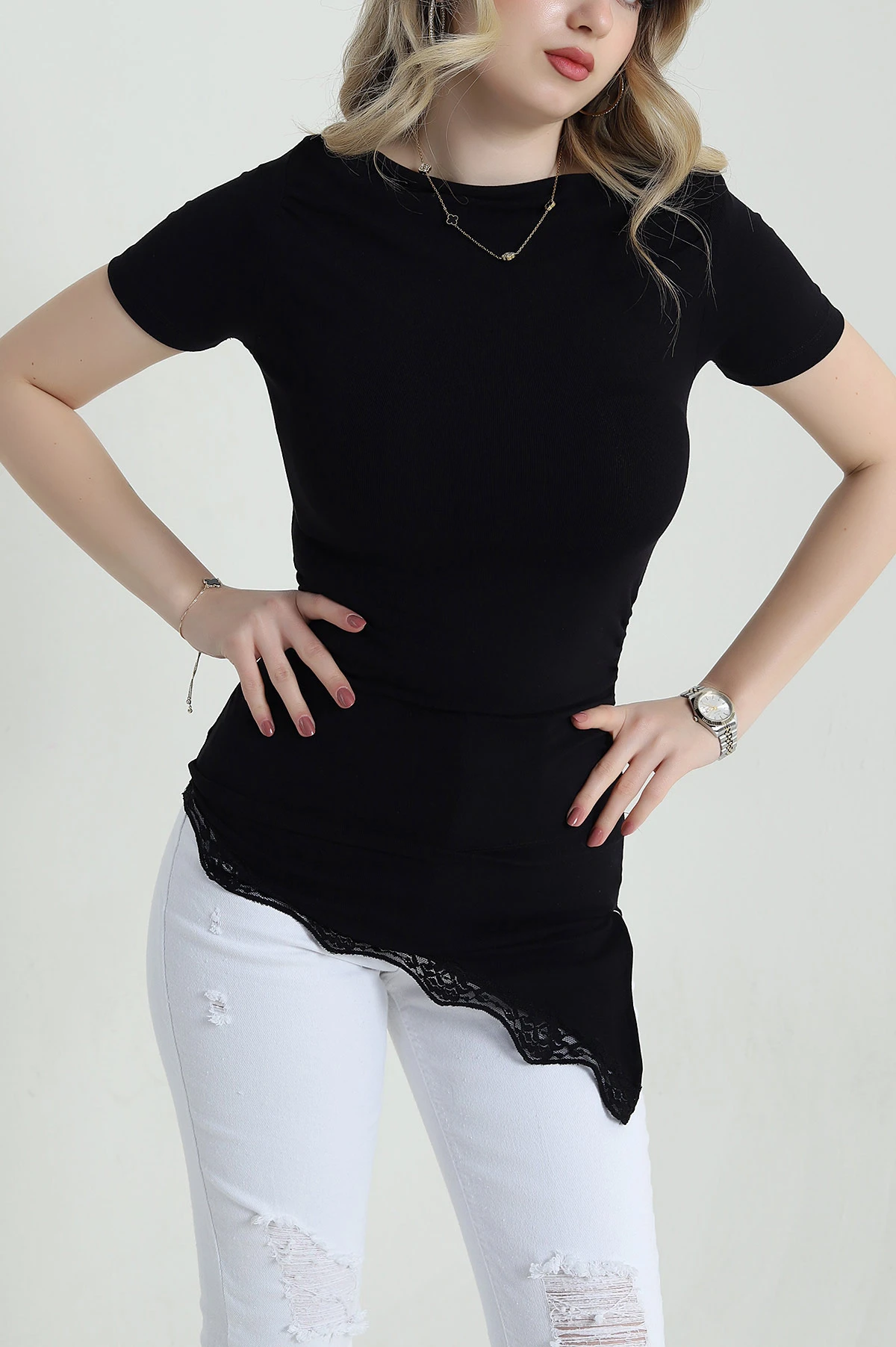 Siyah Dantelli Buzi Kadın Bluz 458111