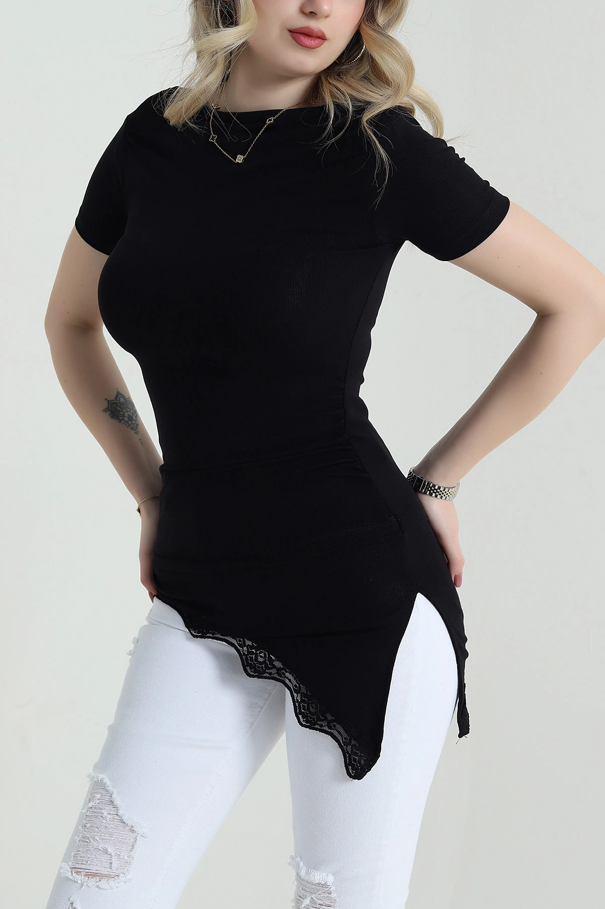 Siyah Dantelli Buzi Kadın Bluz 458111