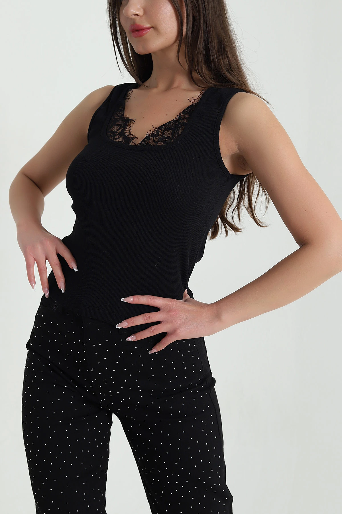 Siyah Dantelli Fitilli Kadın Bluz 459295