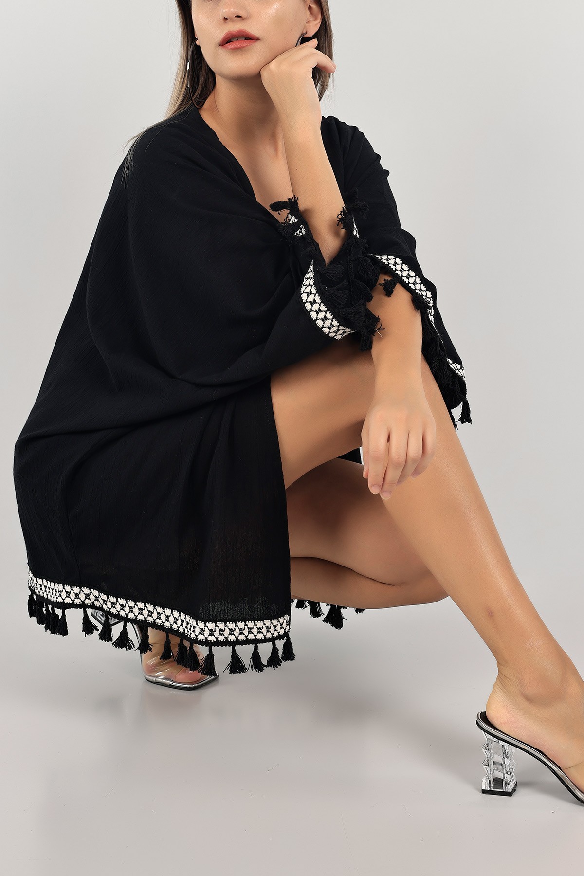 Siyah Dantelli Keten Kimono Hırka 124766