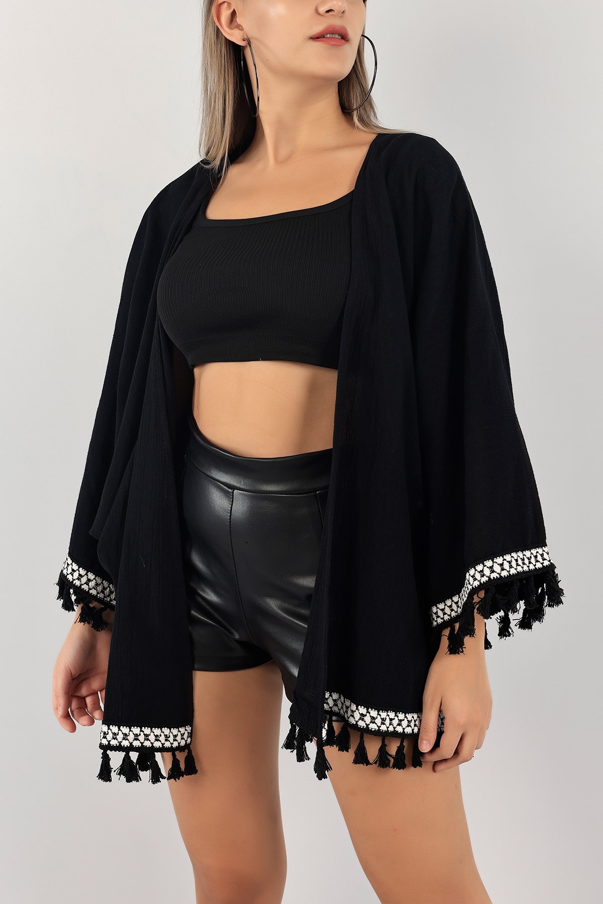 Siyah Dantelli Keten Kimono Hırka 124766
