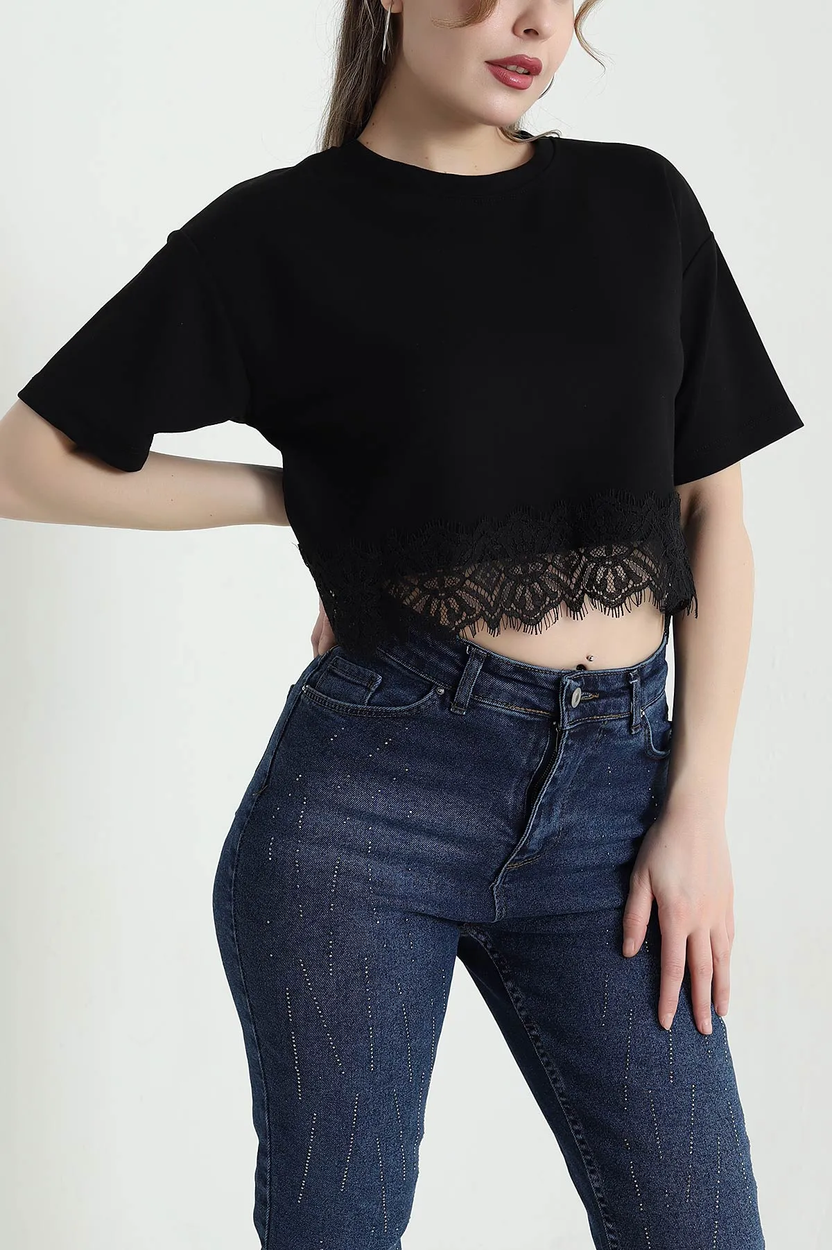 Siyah Dantelli Modal Kadın Bluz 441403