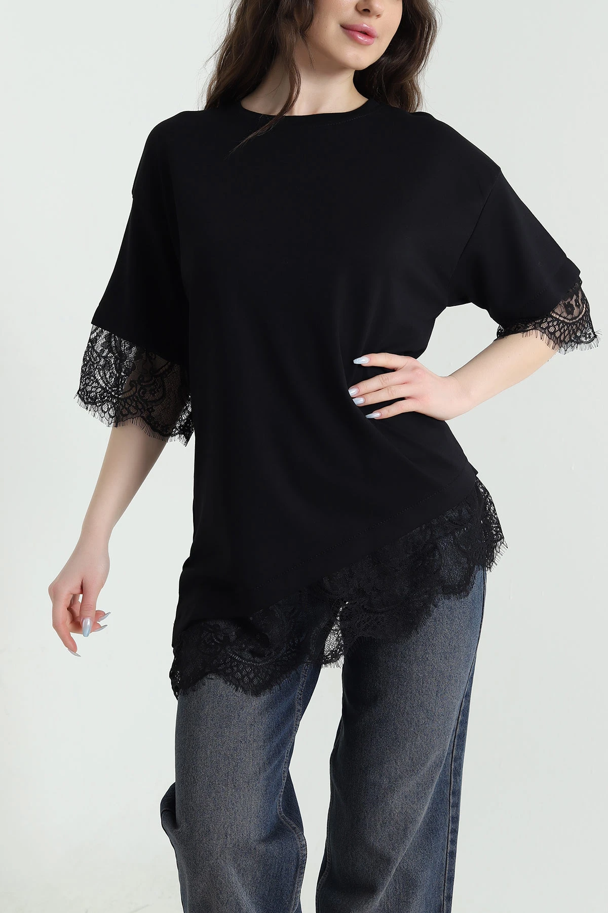 Siyah Dantelli Modal Kadın Bluz 450553