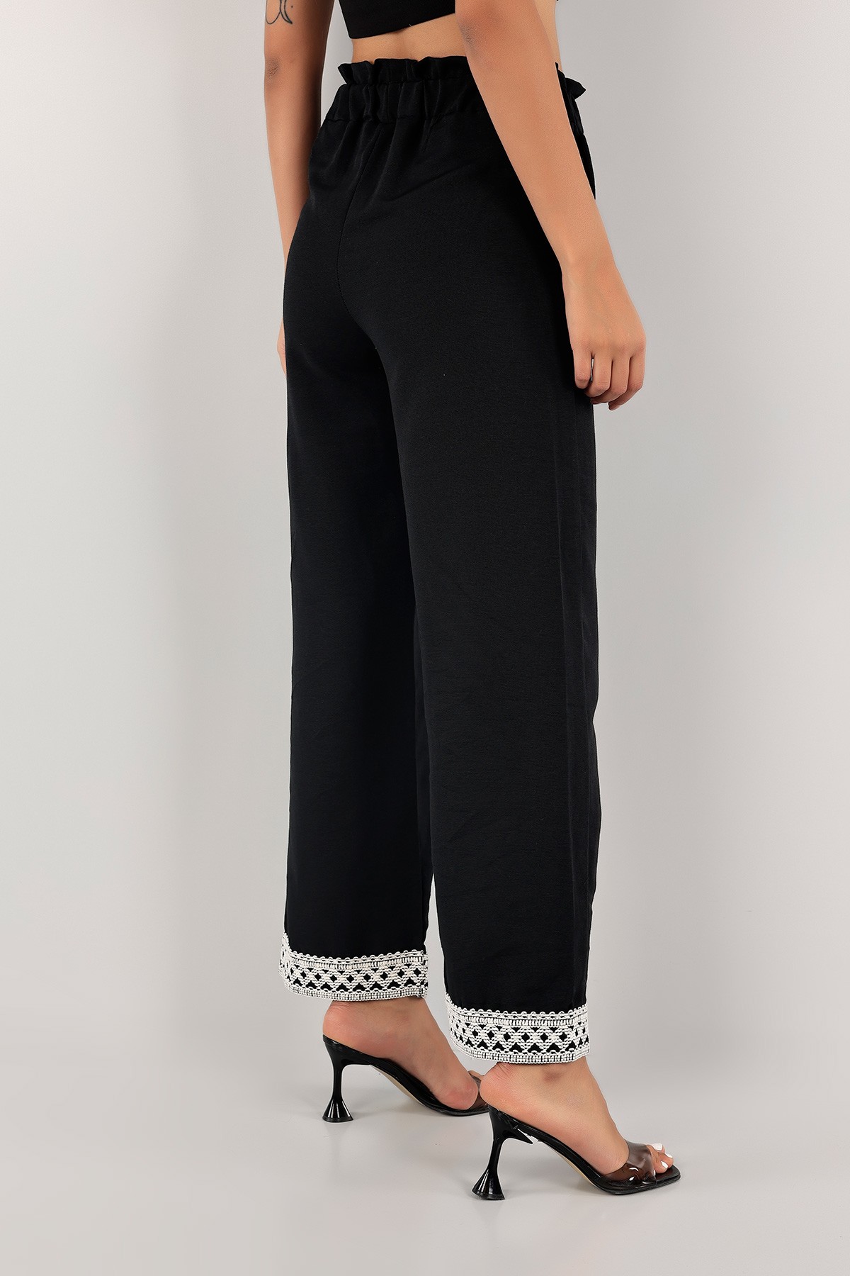 Siyah Dantelli Palazzo Keten Pantolon 124018