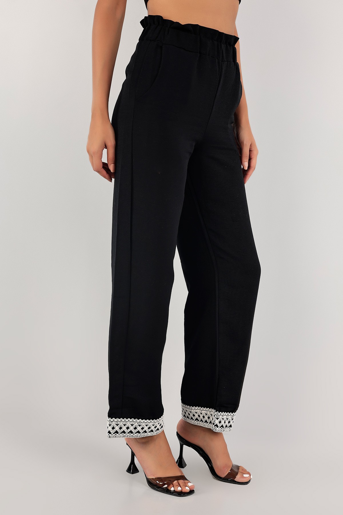 Siyah Dantelli Palazzo Keten Pantolon 124018