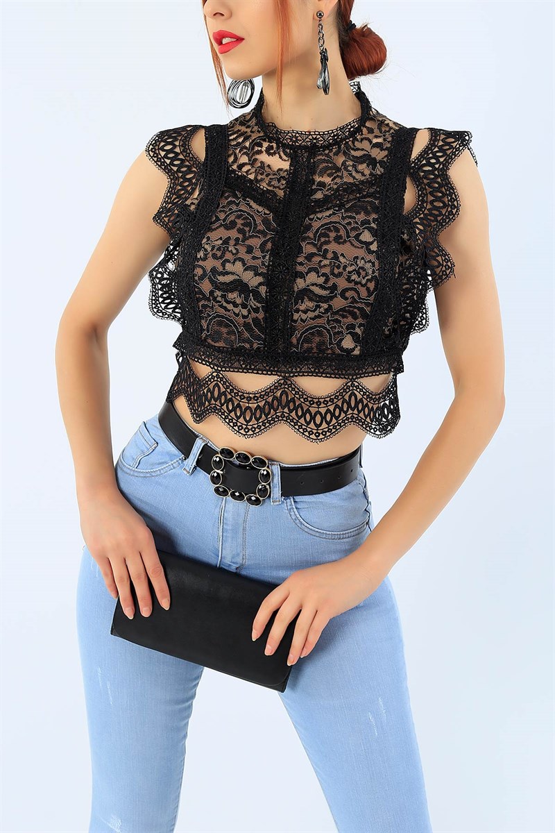 Siyah Dantelli Tasarım Bluz 33890