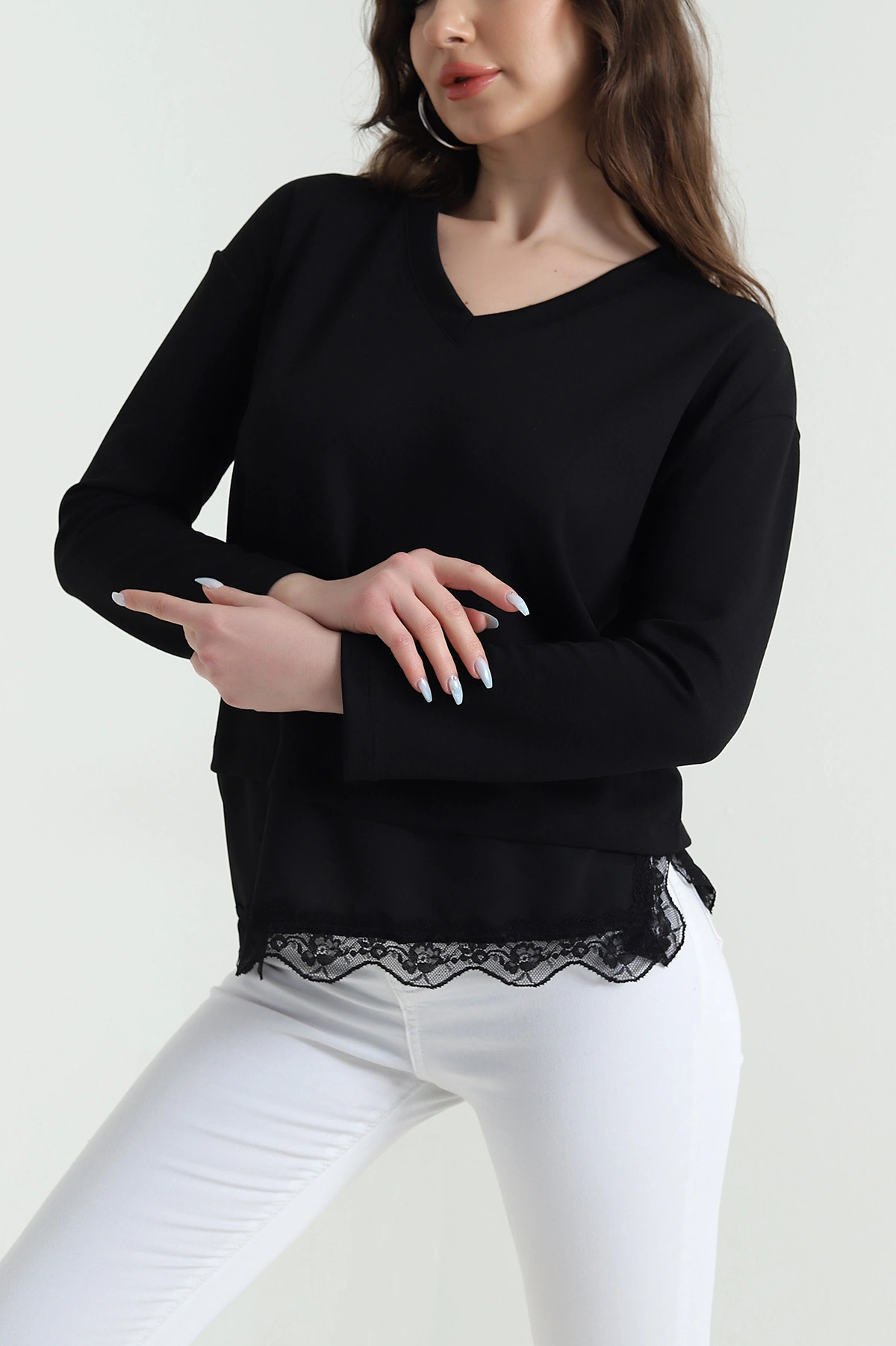 Siyah Dantelli V Yaka Kadın Modal Bluz 446655