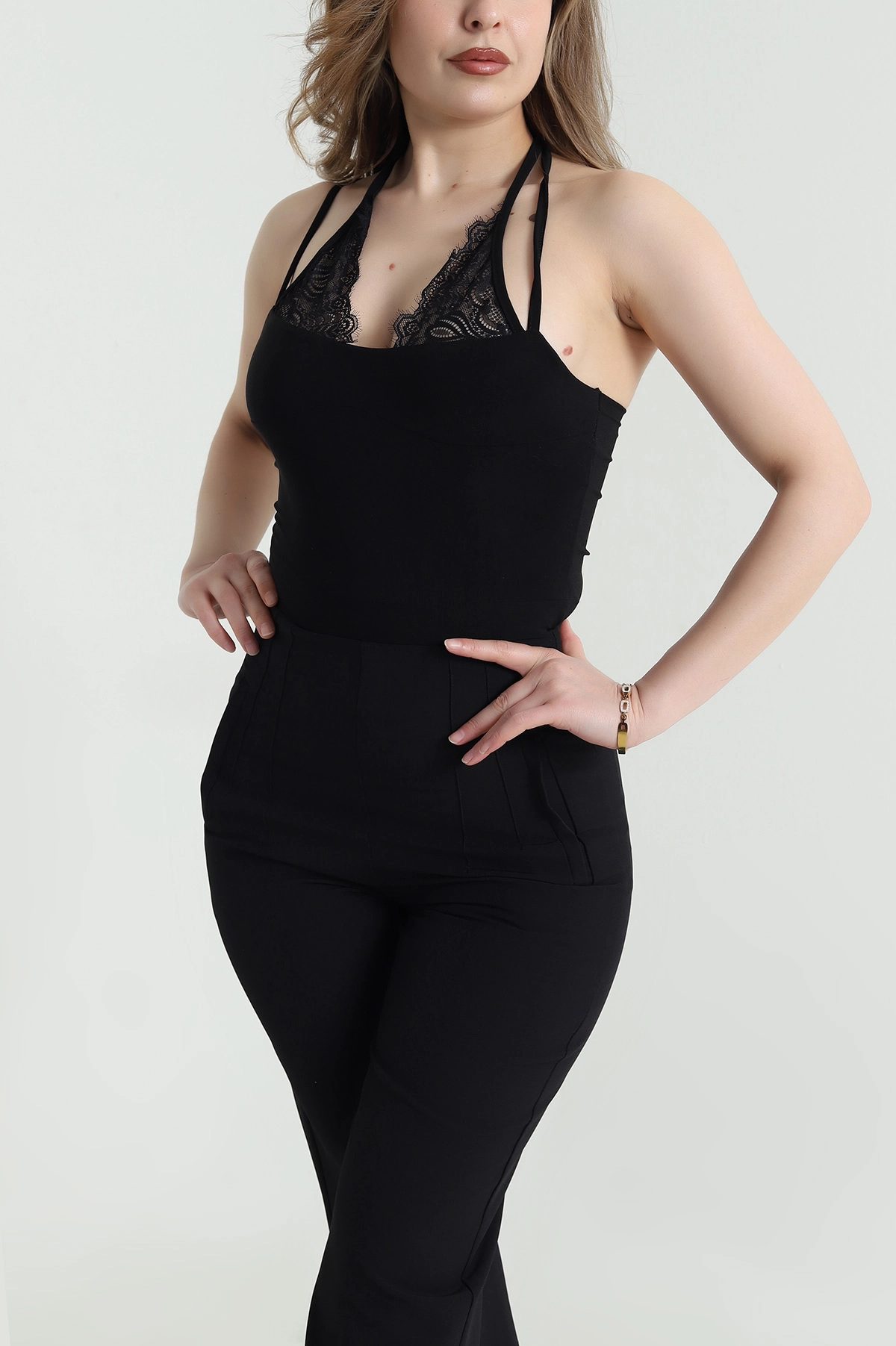 Siyah Dantelli Yaka Sandy Kadın Zıbın Bluz 463353