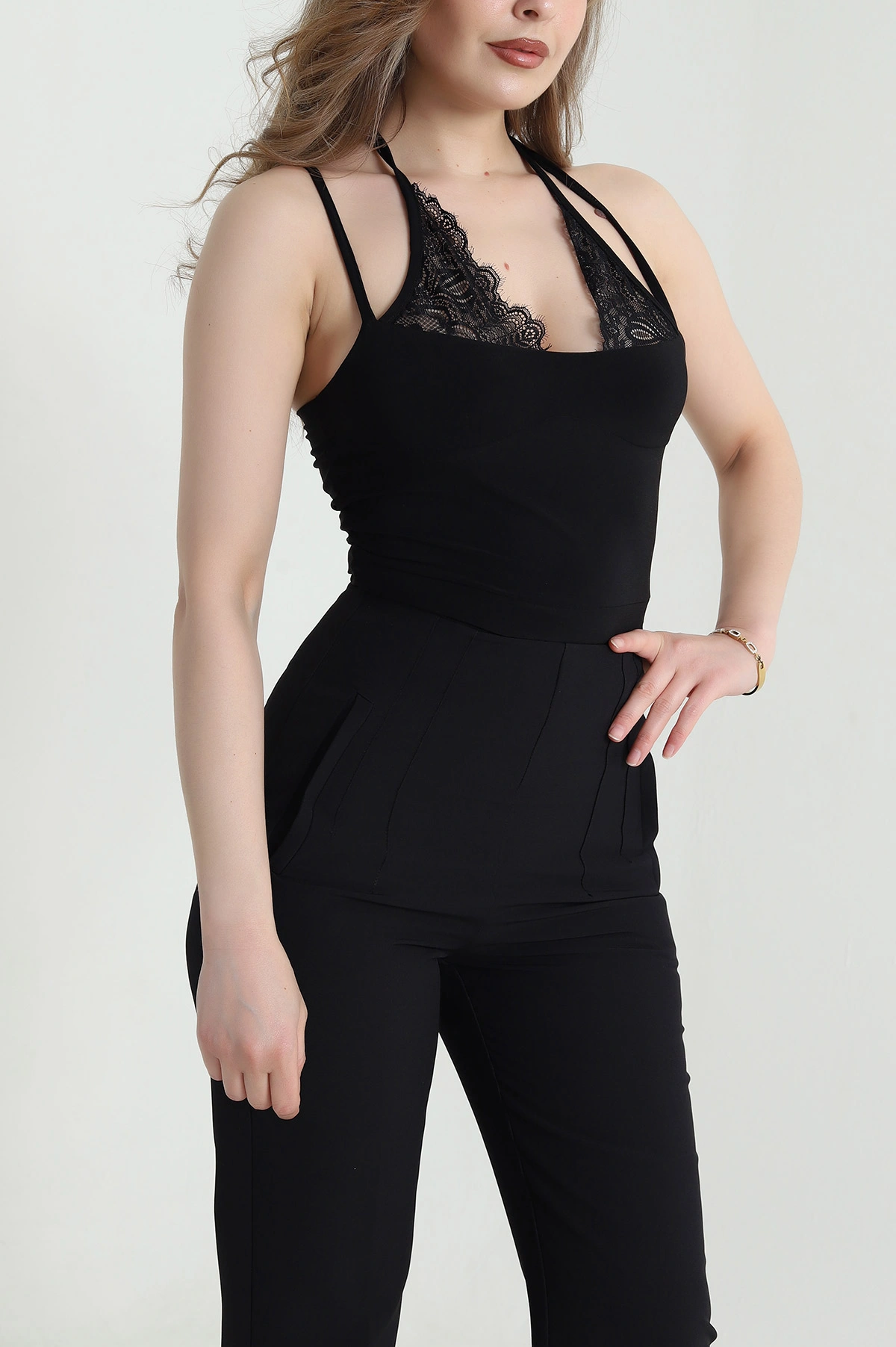 Siyah Dantelli Yaka Sandy Kadın Zıbın Bluz 463353