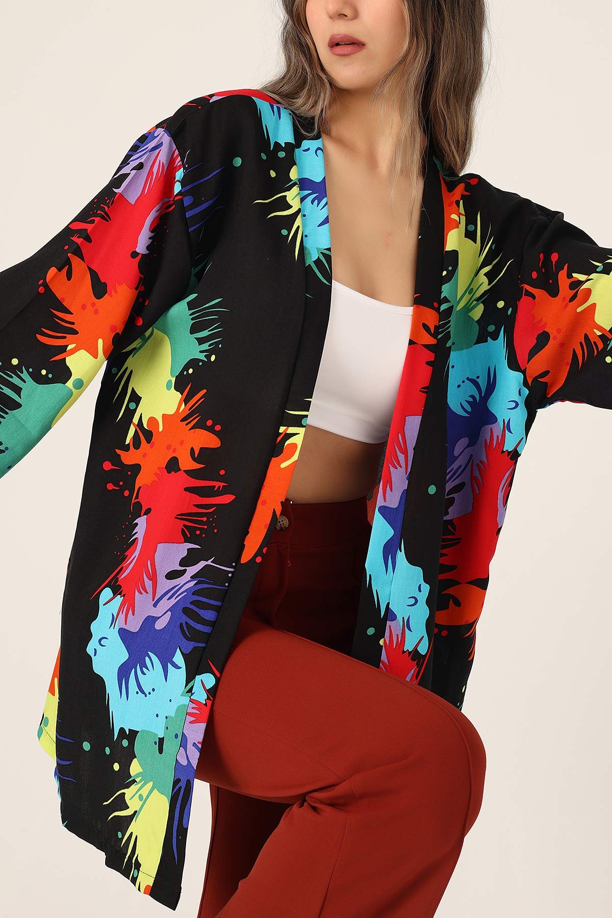Siyah Desenli Dokuma Viskon Kimono 173404