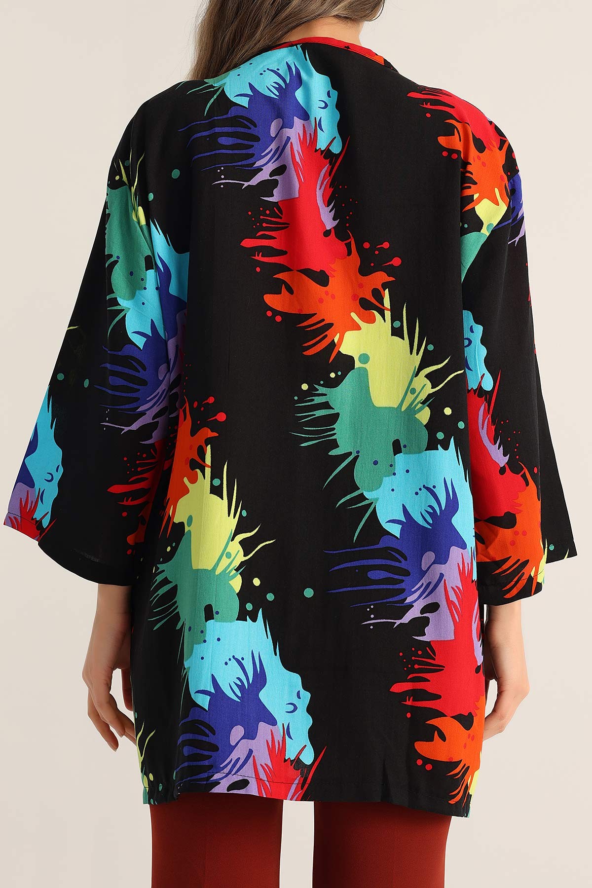 Siyah Desenli Dokuma Viskon Kimono 173404