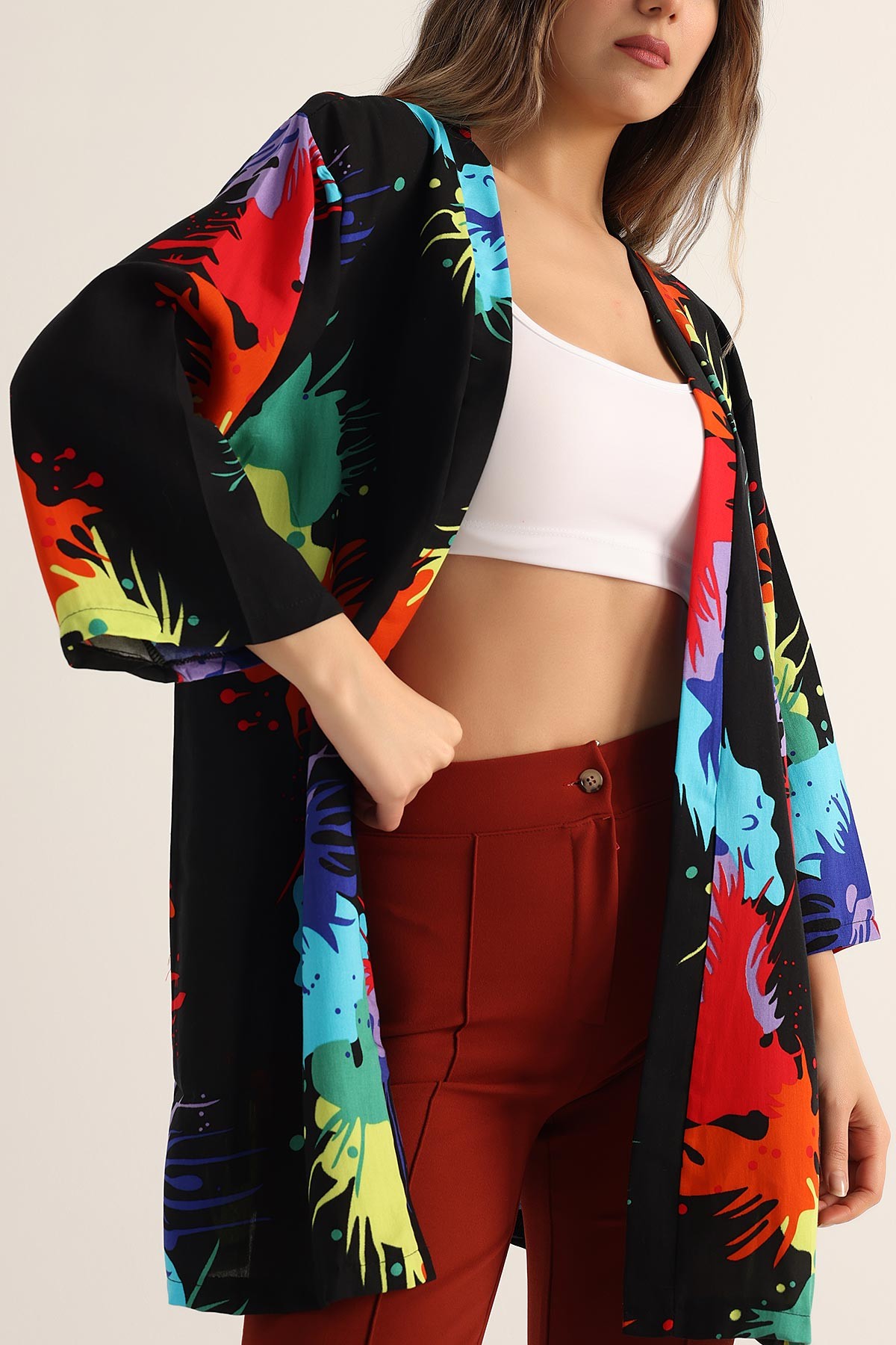 Siyah Desenli Dokuma Viskon Kimono 173404