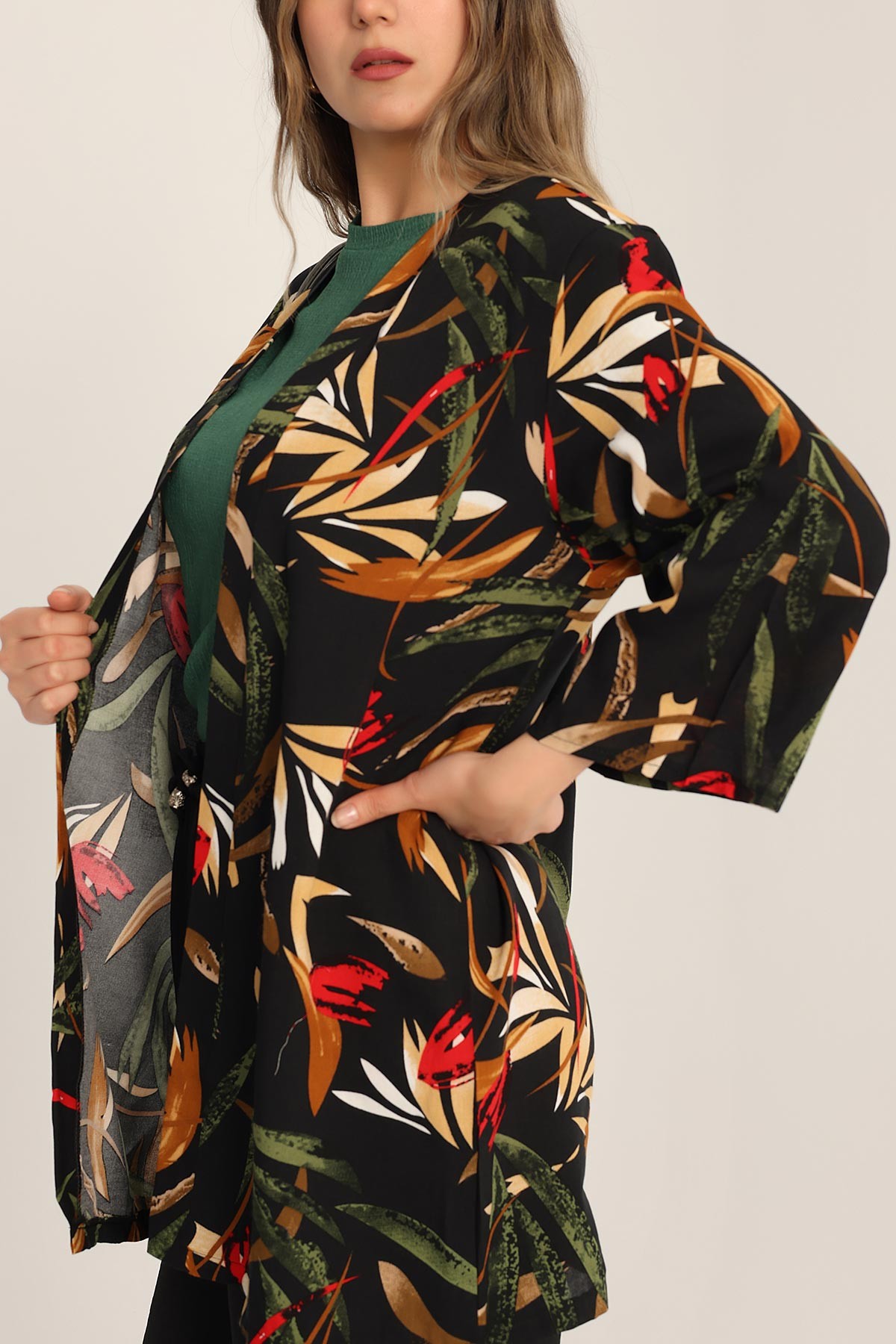 Siyah Desenli Dokuma Viskon Kimono 173413
