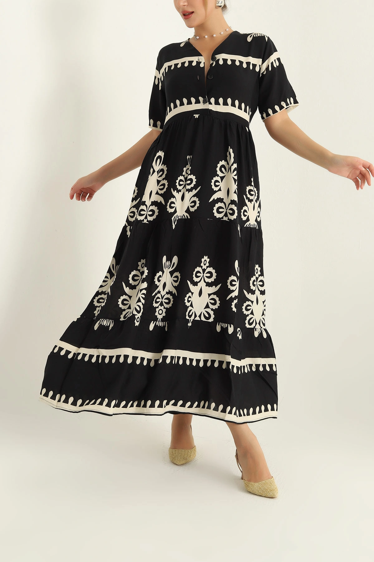 Siyah Desenli Düğmeli Dokuma Elbise 290040