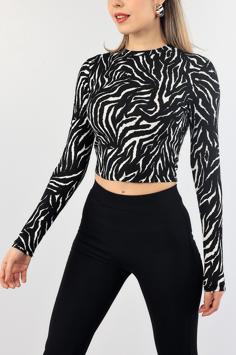 Siyah Desenli Fitilli Crop Bluz 88751