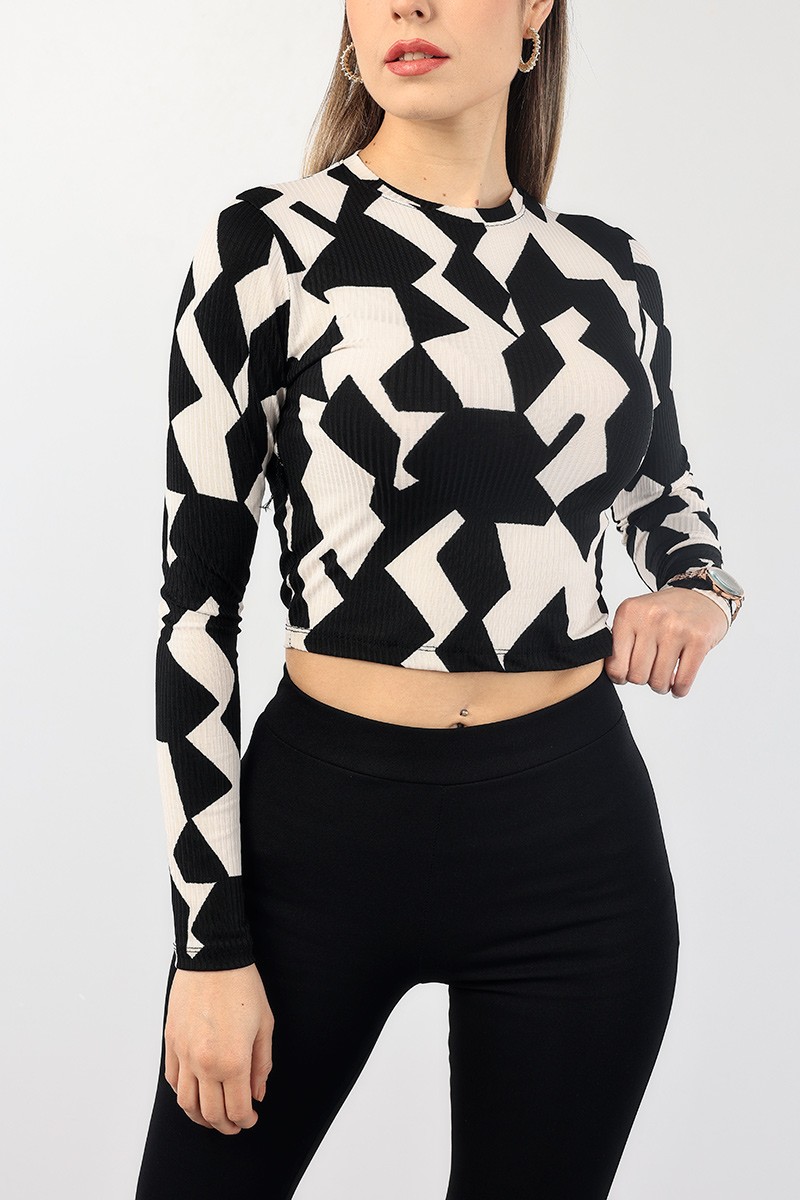 Siyah Desenli Fitilli Crop Bluz 88752