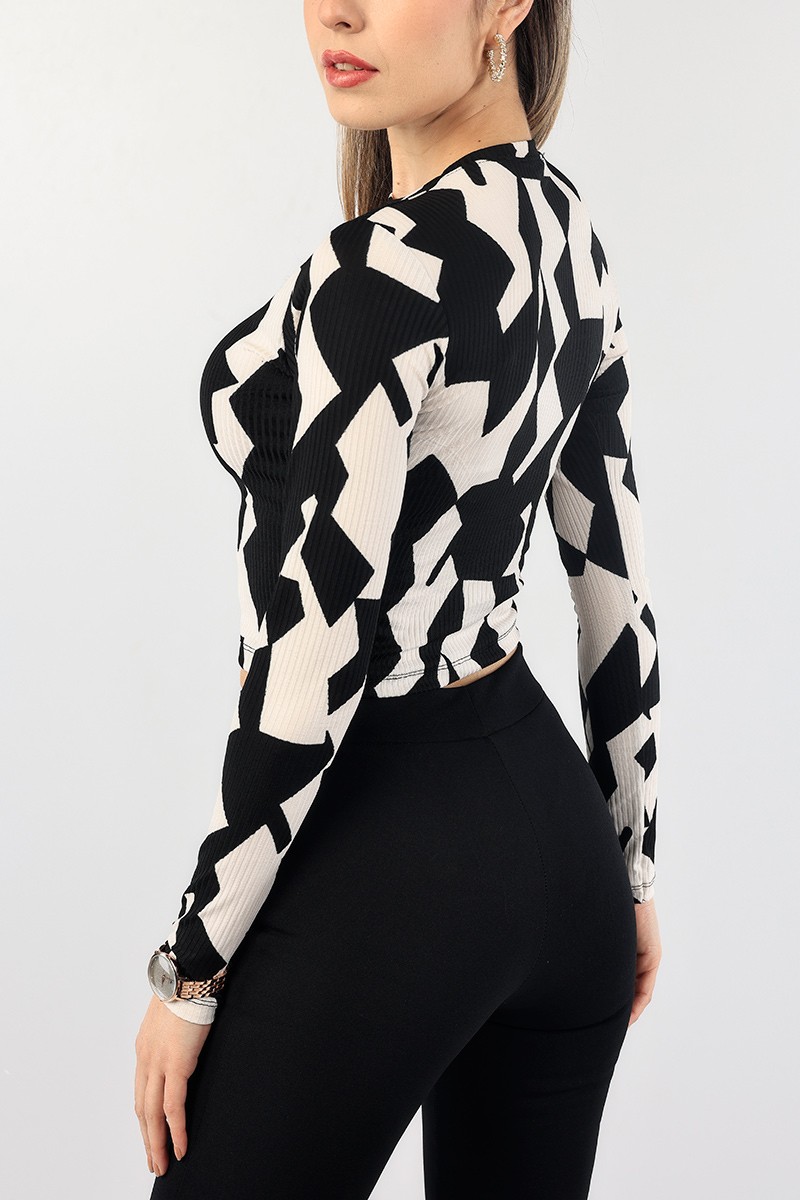 Siyah Desenli Fitilli Crop Bluz 88752