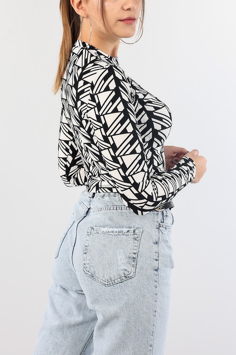 Siyah Desenli Fitilli Crop Bluz 88753