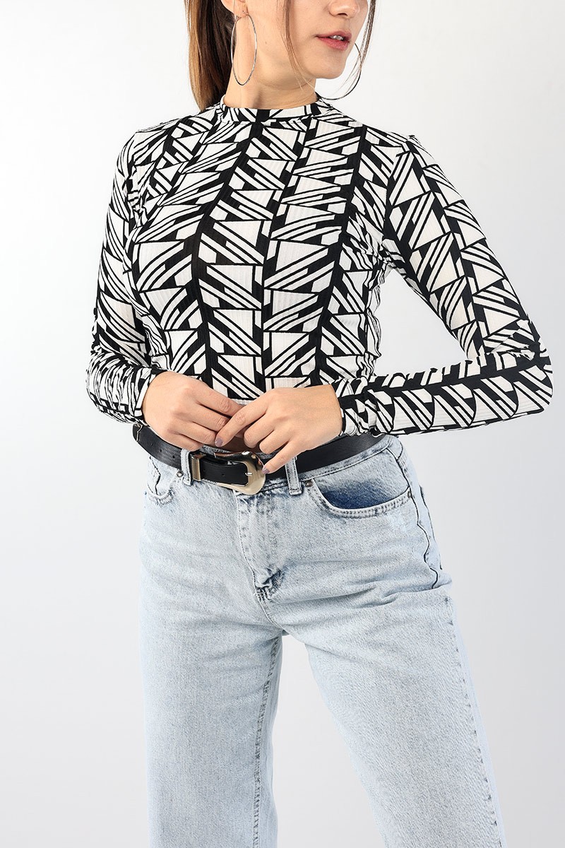 Siyah Desenli Fitilli Crop Bluz 88753
