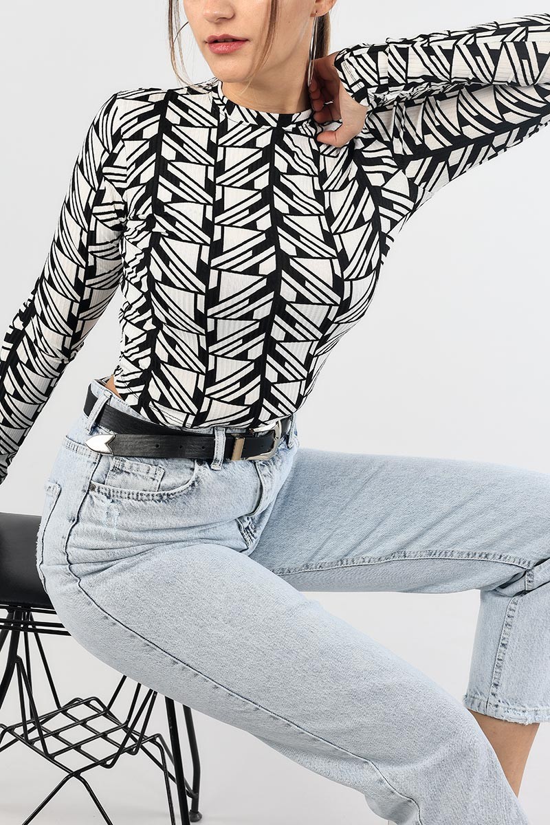 Siyah Desenli Fitilli Crop Bluz 88753