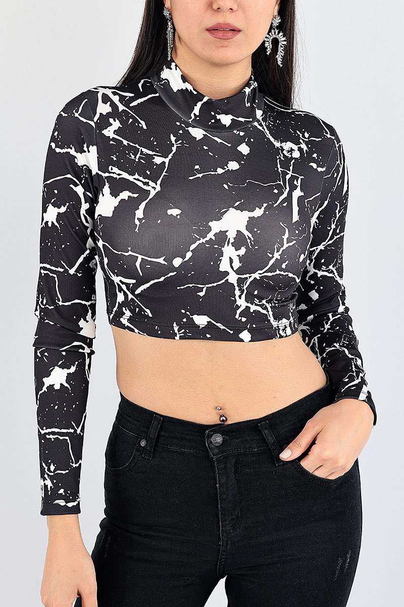Siyah Desenli Likralı Crop Bluz 87593
