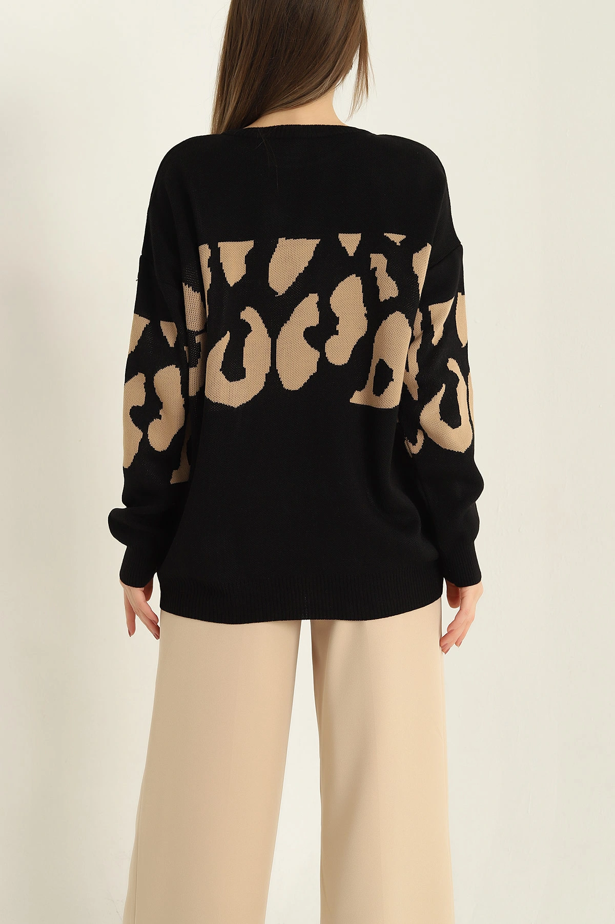 Siyah Desenli Oversize Bayan Triko Kazak 322304