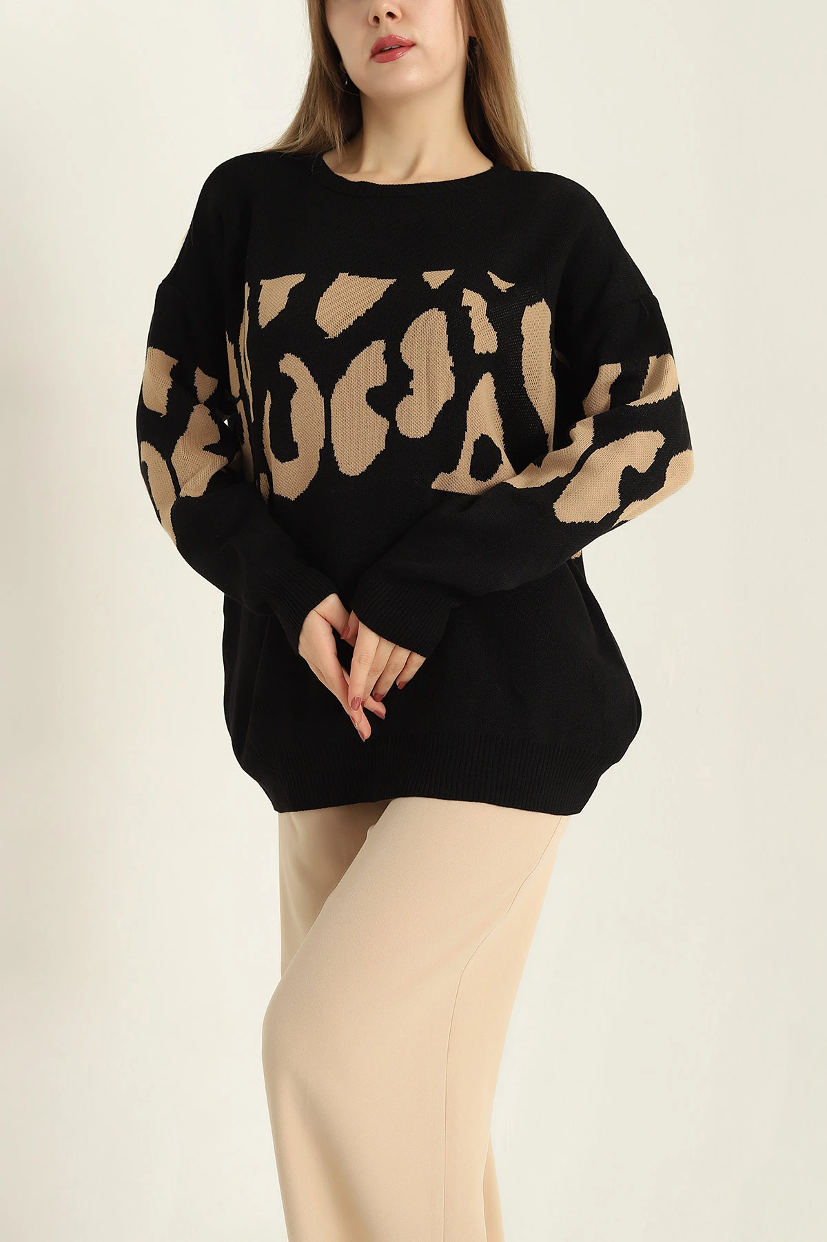 Siyah Desenli Oversize Bayan Triko Kazak 322304
