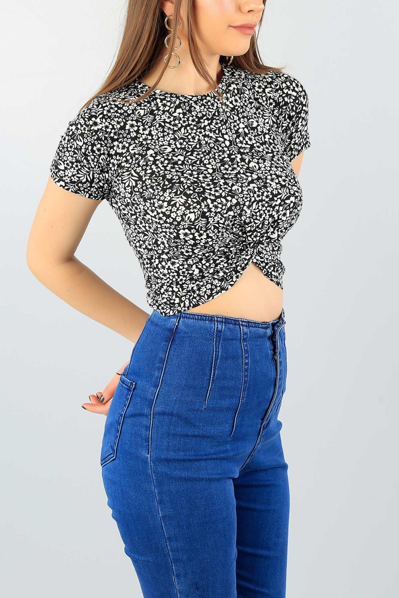 Siyah Desenli Tasarım Crop Bluz 59210