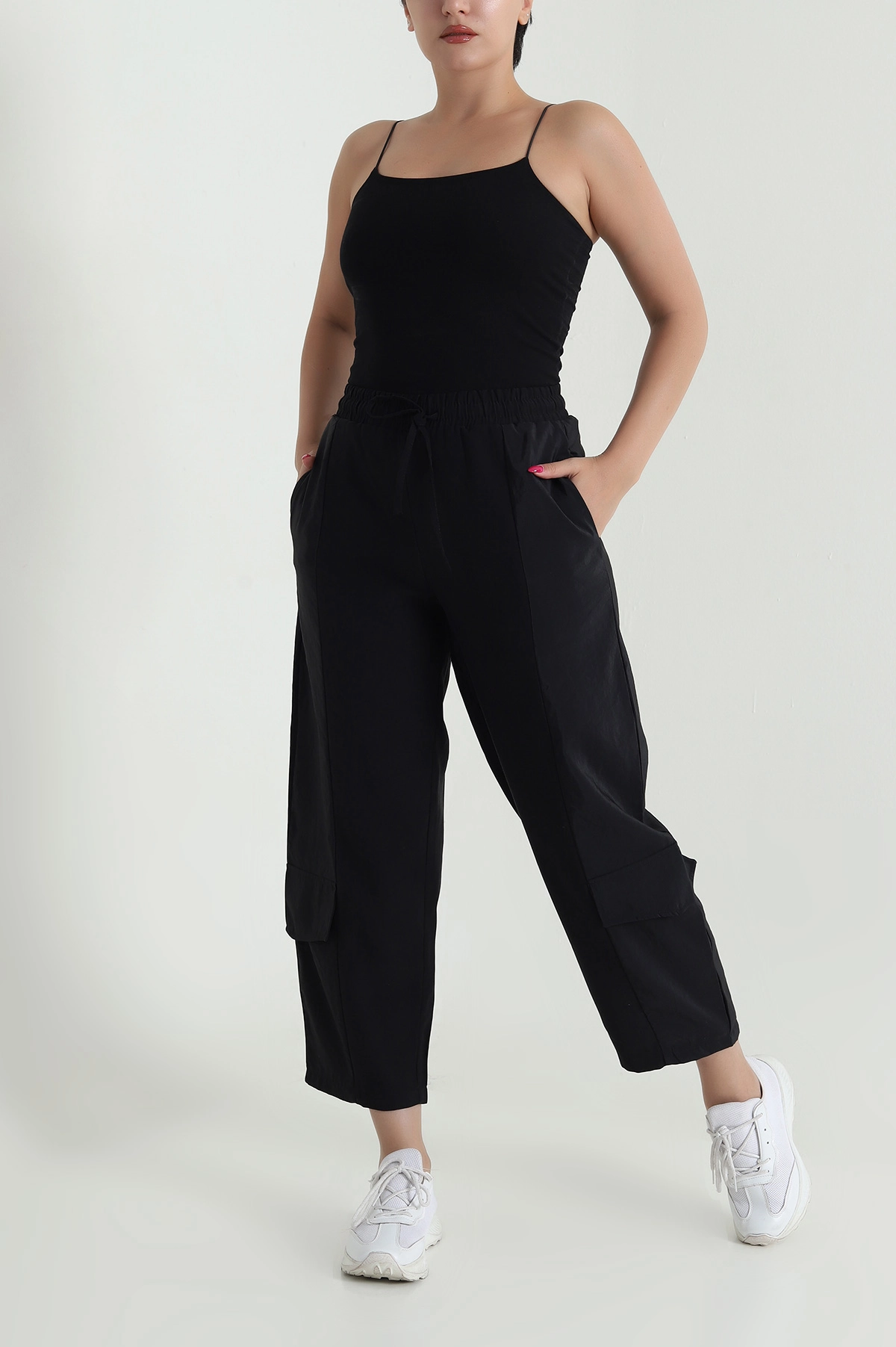 Siyah Diagonel Tencel Kadın Kargo Pantolon 475767