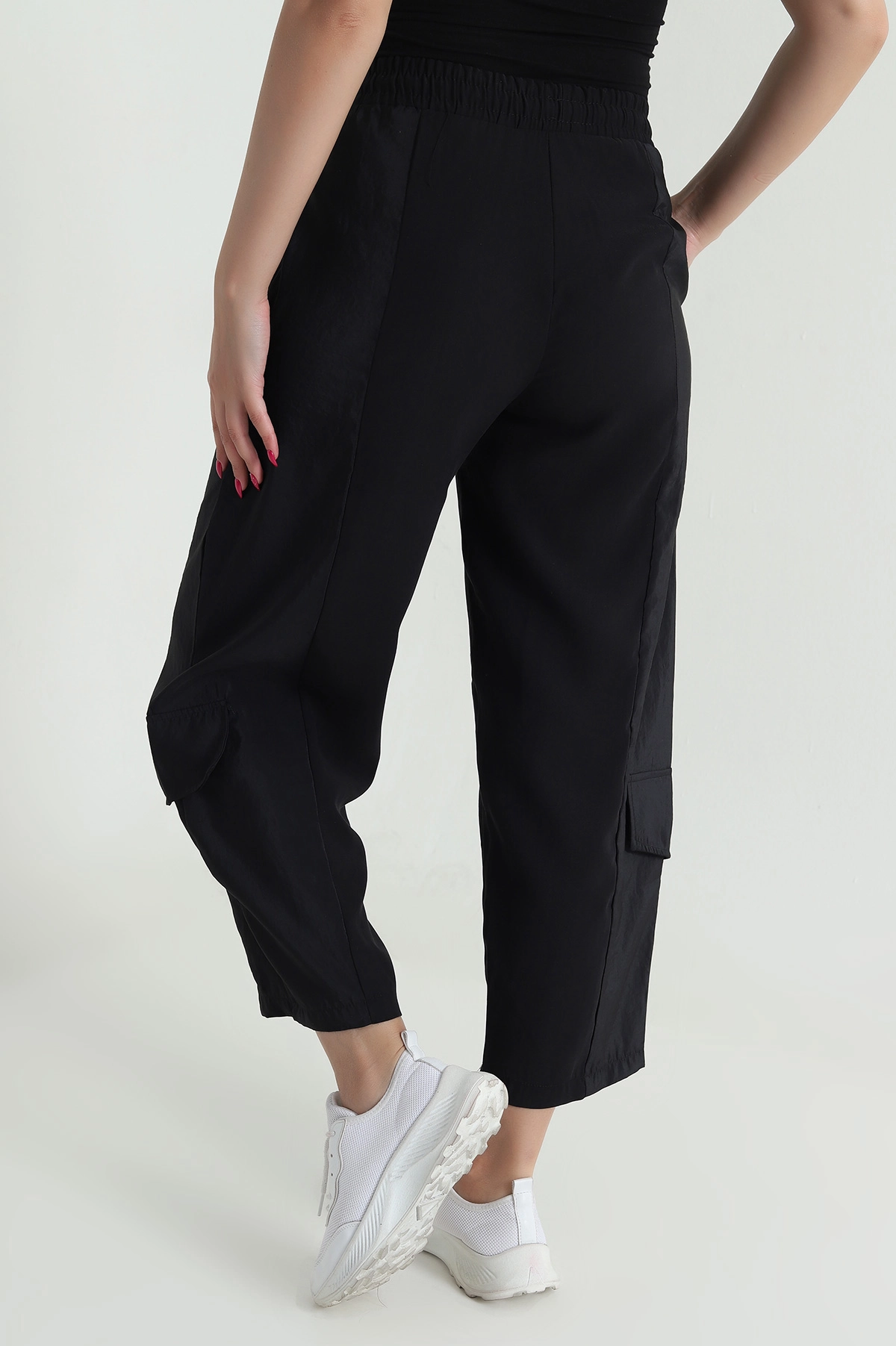 Siyah Diagonel Tencel Kadın Kargo Pantolon 475767