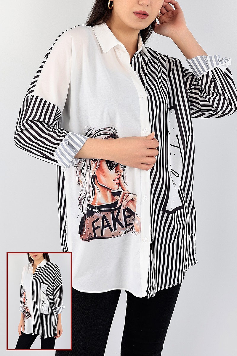 Siyah Dijital Baskılı Gömlek Tunik 96408