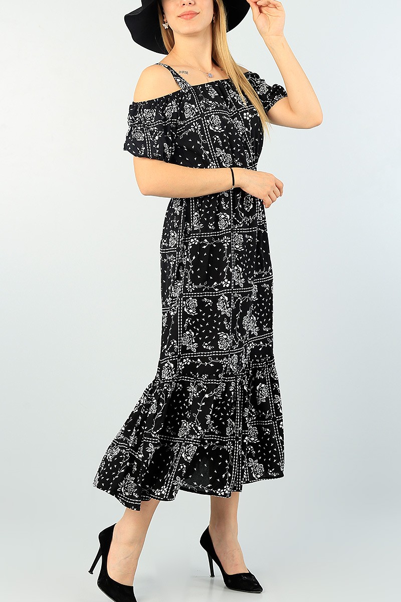Siyah Dokuma Beli Lastikli Elbise 66025