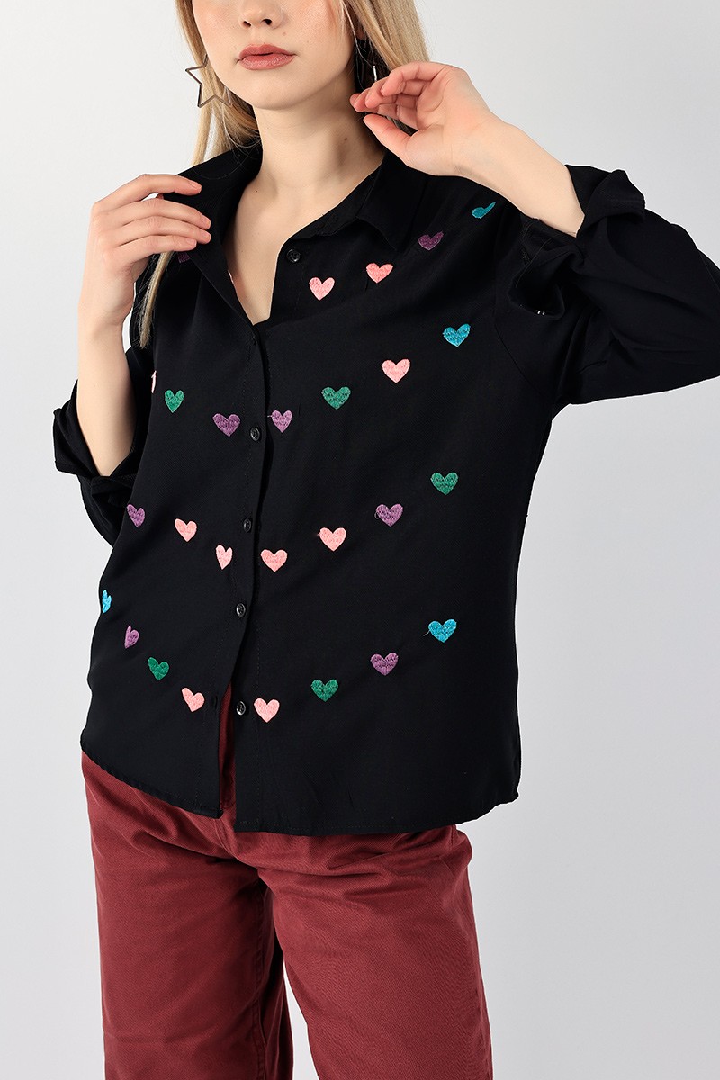 Siyah Dokuma Nakışlı Bayan Gömlek 98964