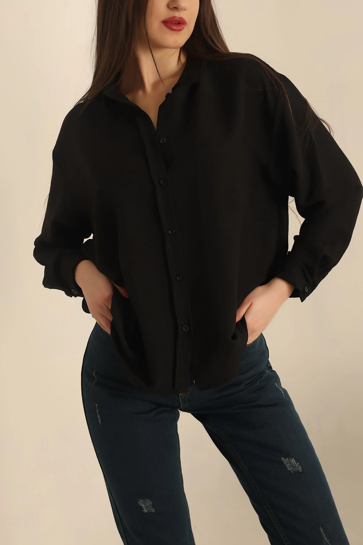 Siyah Dokuma Oversize Bayan Gömlek 234215