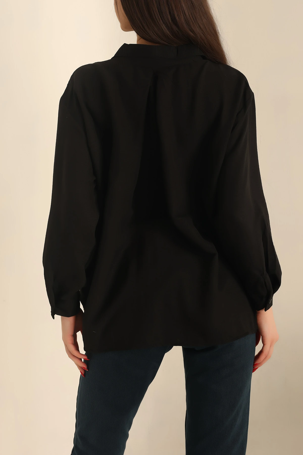 Siyah Dokuma Oversize Bayan Gömlek 234215