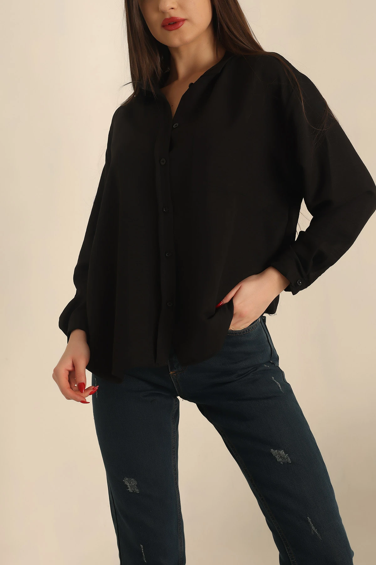 Siyah Dokuma Oversize Bayan Gömlek 234215