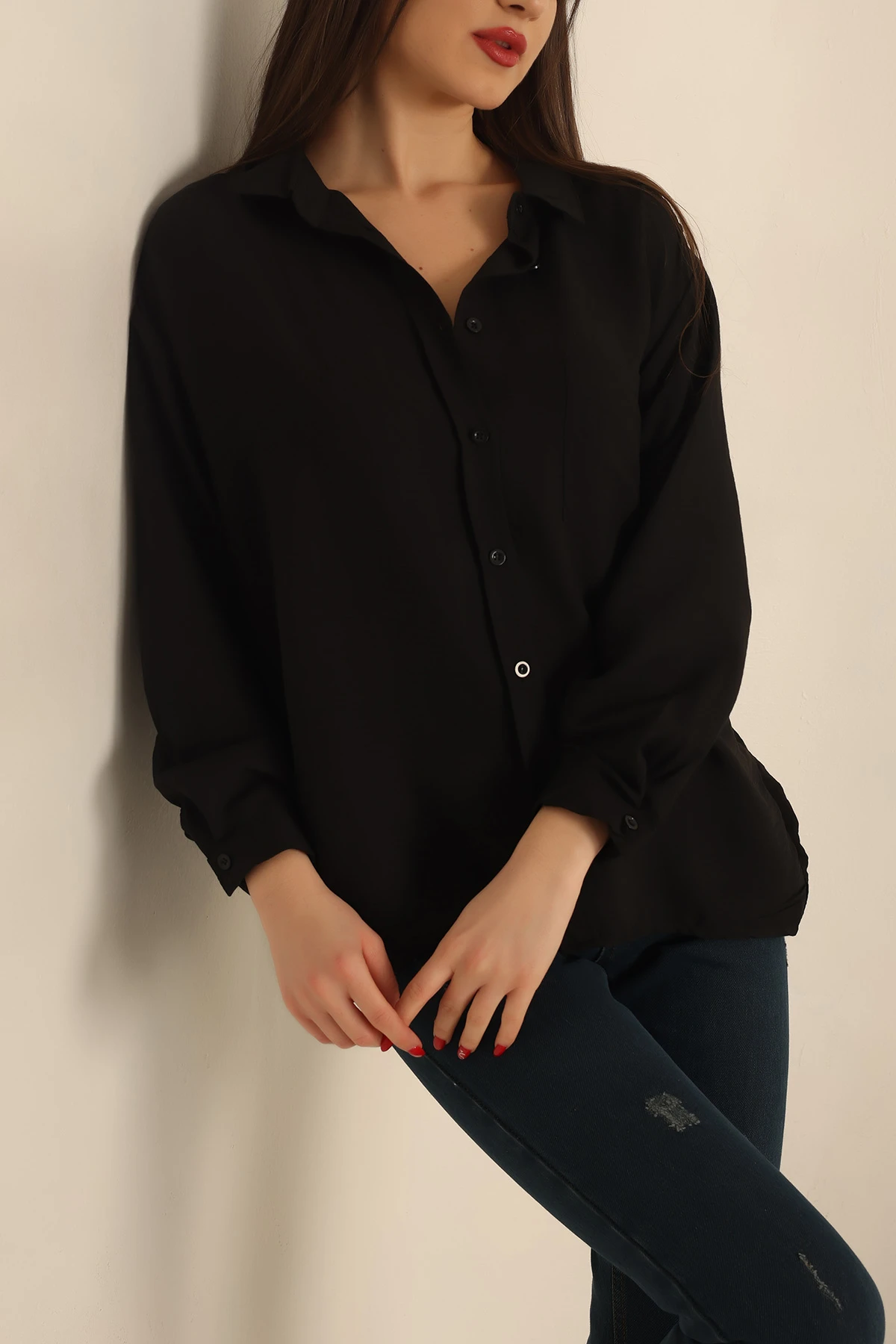 Siyah Dokuma Oversize Bayan Gömlek 234215