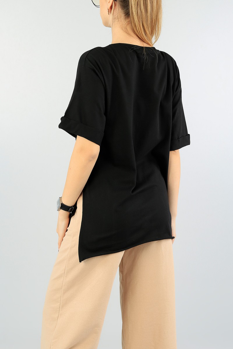 Siyah Duble Kol Bayan Yırtmaçlı Tişört 59910