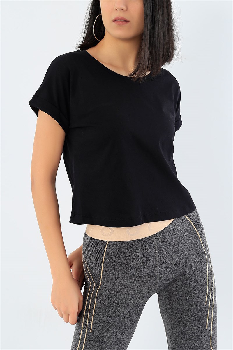 Siyah Duble Kol Crop Tişört 29695B