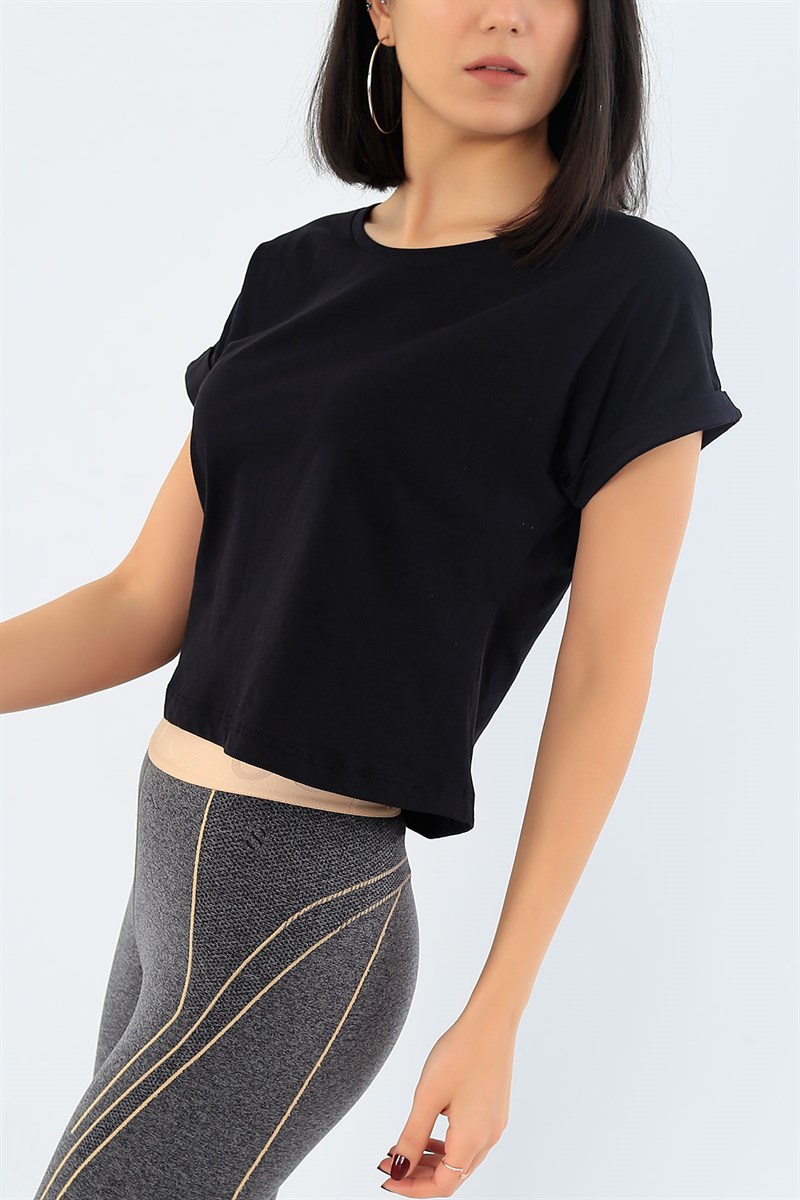 Siyah Duble Kol Crop Tişört 29695B