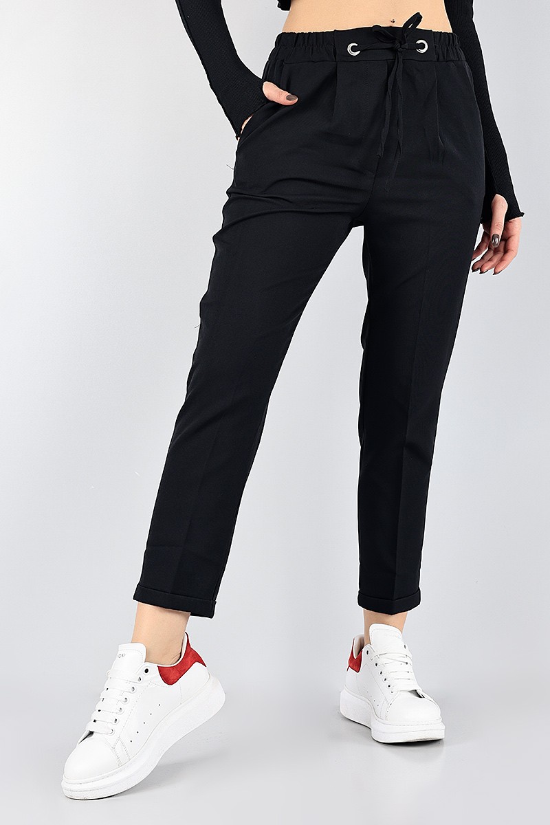 Siyah Duble Paça Beli Lastikli Pantolon 87644