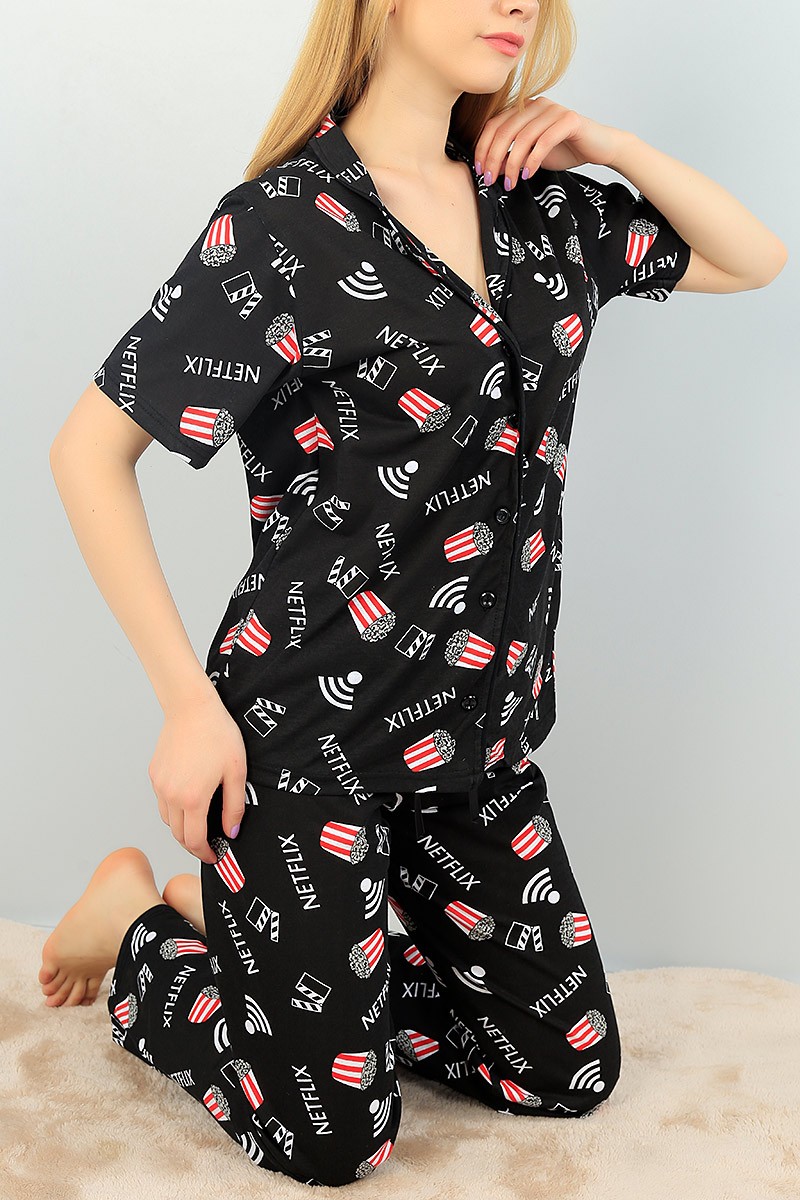Siyah Düğmeli Bayan  Baskılı Pijama Takımı 64933