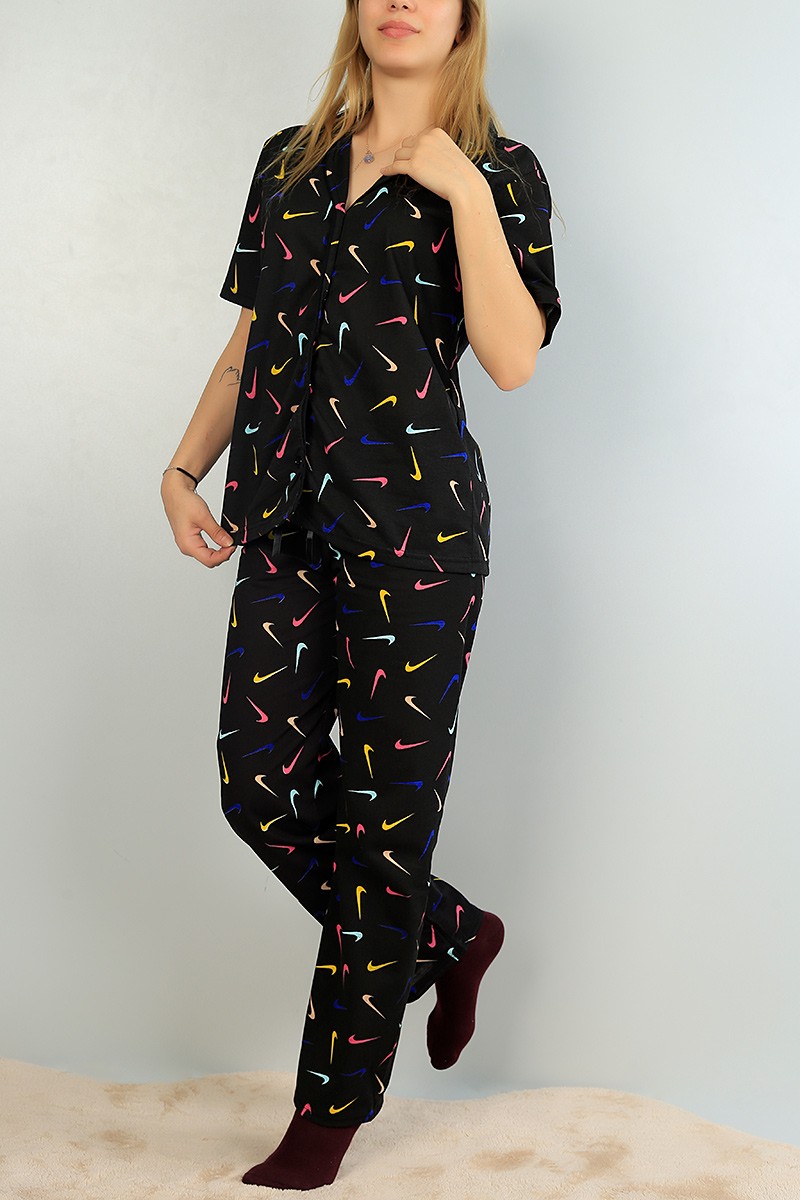 Siyah Düğmeli Bayan Pijama Takımı 64936