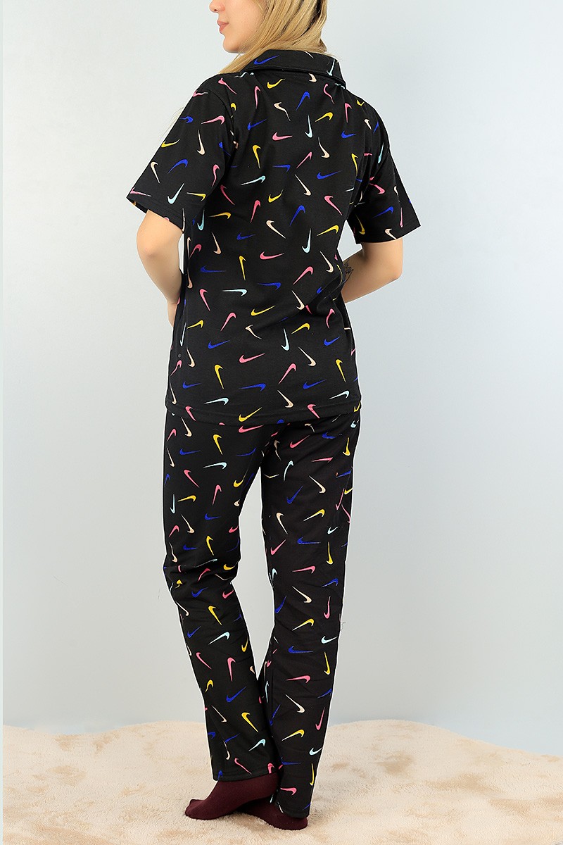 Siyah Düğmeli Bayan Pijama Takımı 64936