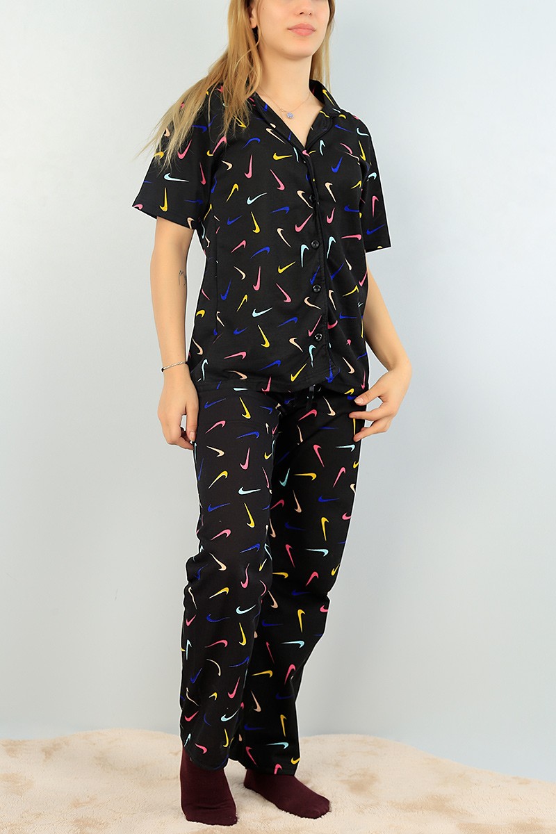 Siyah Düğmeli Bayan Pijama Takımı 64936
