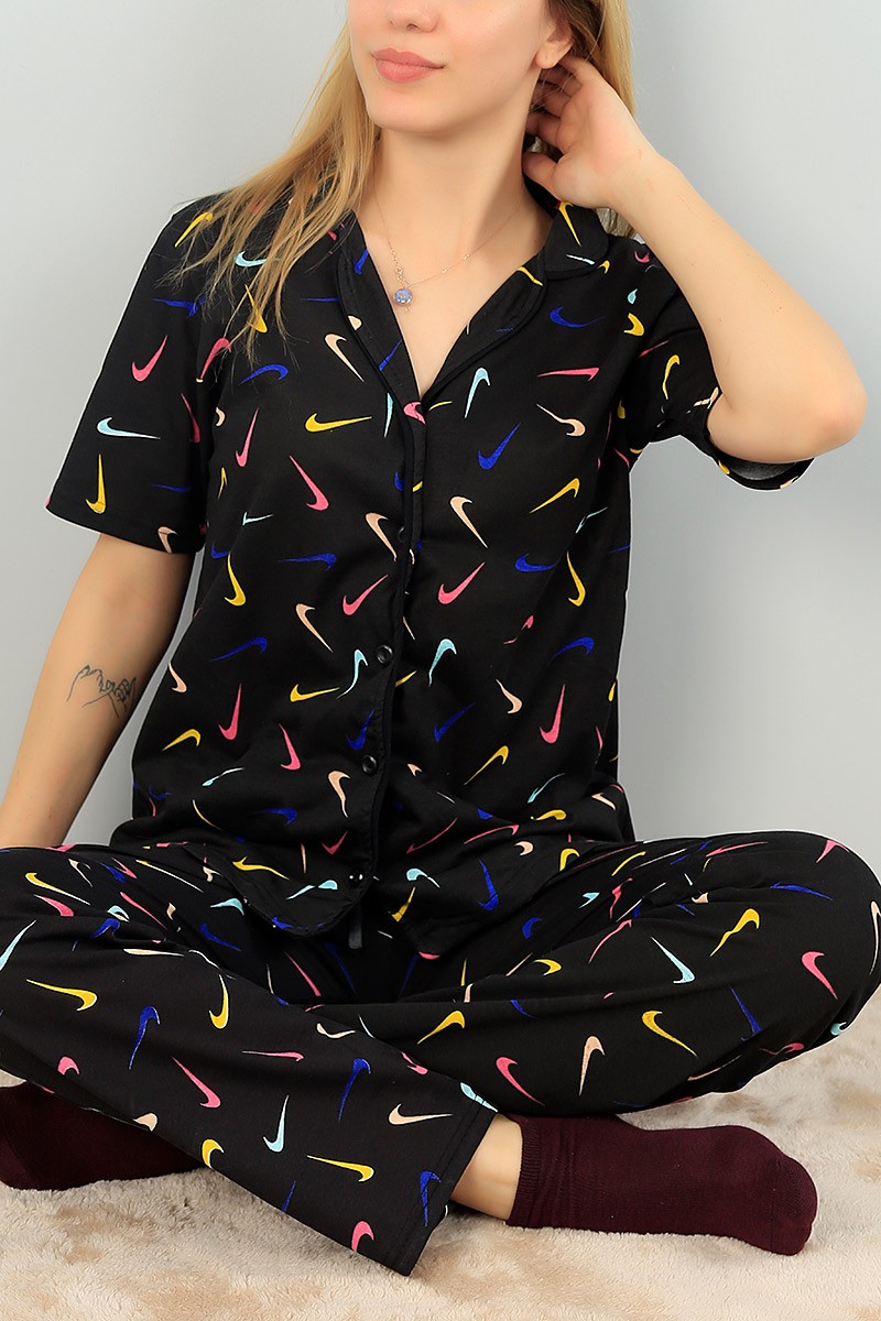 Siyah Düğmeli Bayan Pijama Takımı 64936