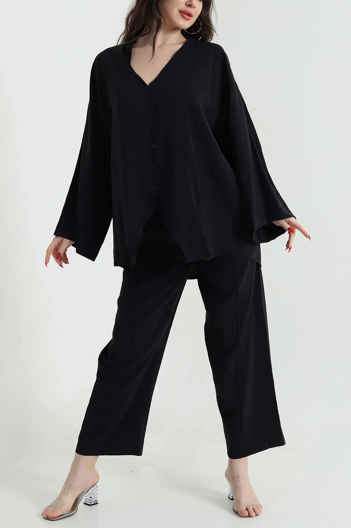 Siyah Düğmeli Bel Lastikli Cupra Kadın İkili Takım 444118