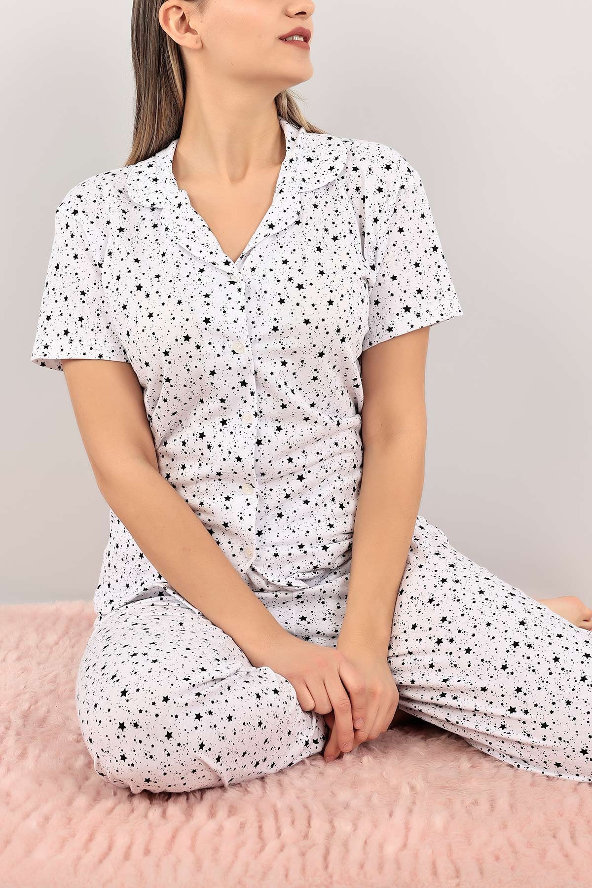 Siyah Düğmeli Desenli Bayan Pijama Takımı 110196
